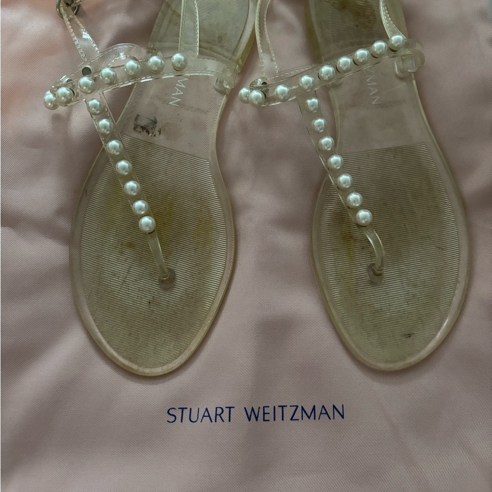 Stuart Weitzman Cream Sandals with Pearl Embellishments